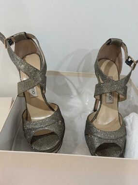 Jimmy Choo Metallic Pewter Glitter Crisscross Platform Heels